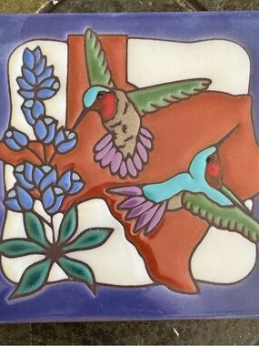 Hummingbird & Texas Tile Art - Vibrant Teal, Red, Purple